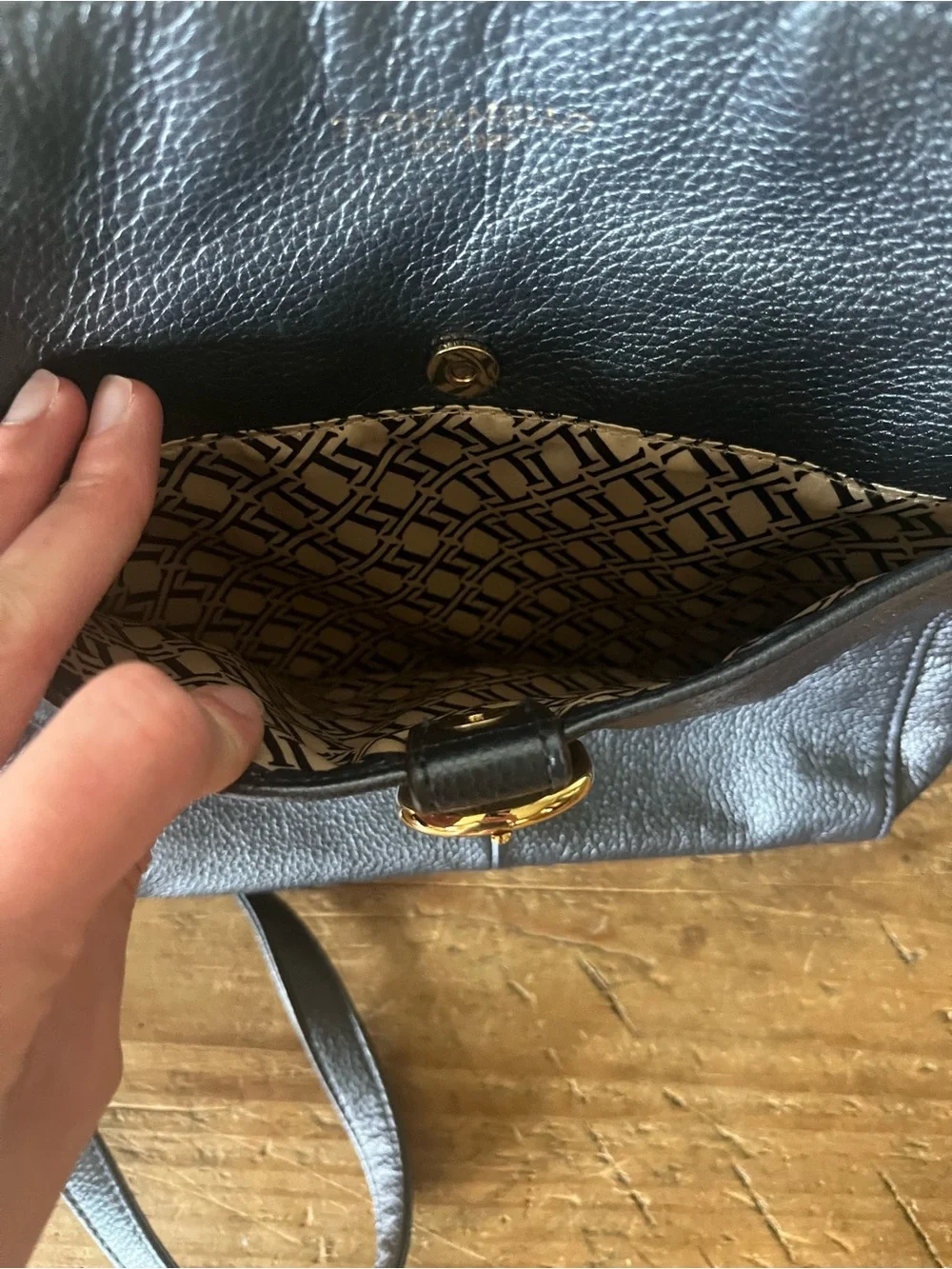 Tignanello Leather Metallic Dark Blue Crossbody with Gold Accents